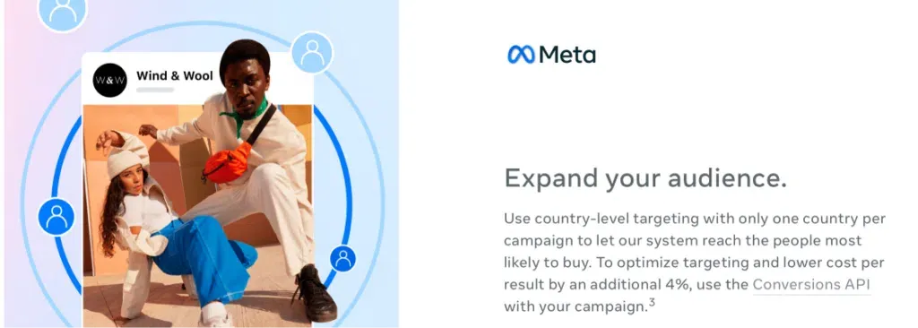 This image is a ss of meta's doc that talks on how to use country-level targeting only one country per campaign to reach the most people who are likely to make a purchase