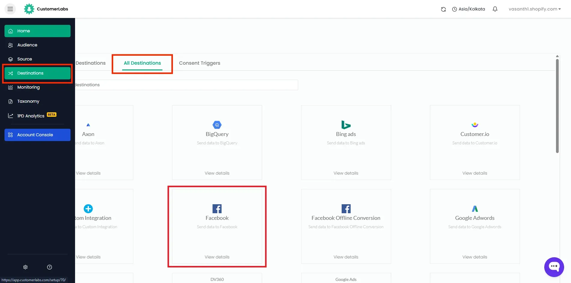 CustomerLabs destination configuration screen
