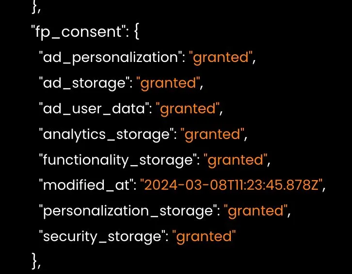 The raw code inside CustomerLabs showing Consent mode v2 parameters. fp_consent - first party consent with parameters ad_personalization; ad_storage ; ad_user_data ; analytics_storage ; functionality_storage ; personalization_storage ; security_storage granted status