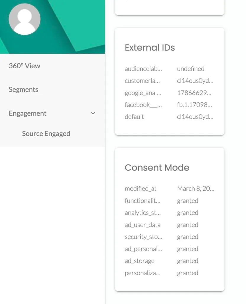 The 360-degree profile with external IDs and consent mode parameters
