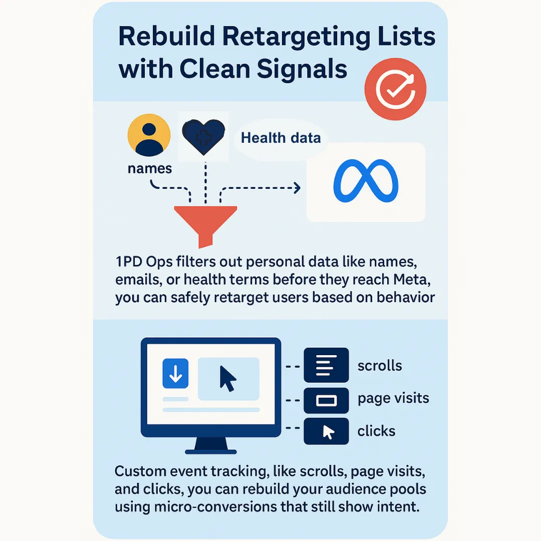 Infographic showing how 1PD Ops filters out personal data like names and health terms before reaching Meta, allowing safe retargeting using behavior signals like scrolls, page visits, and clicks.