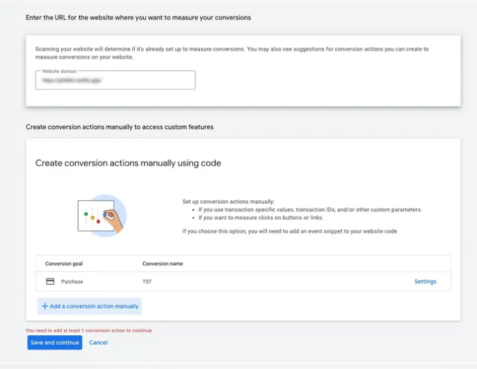 create conversions actions manually