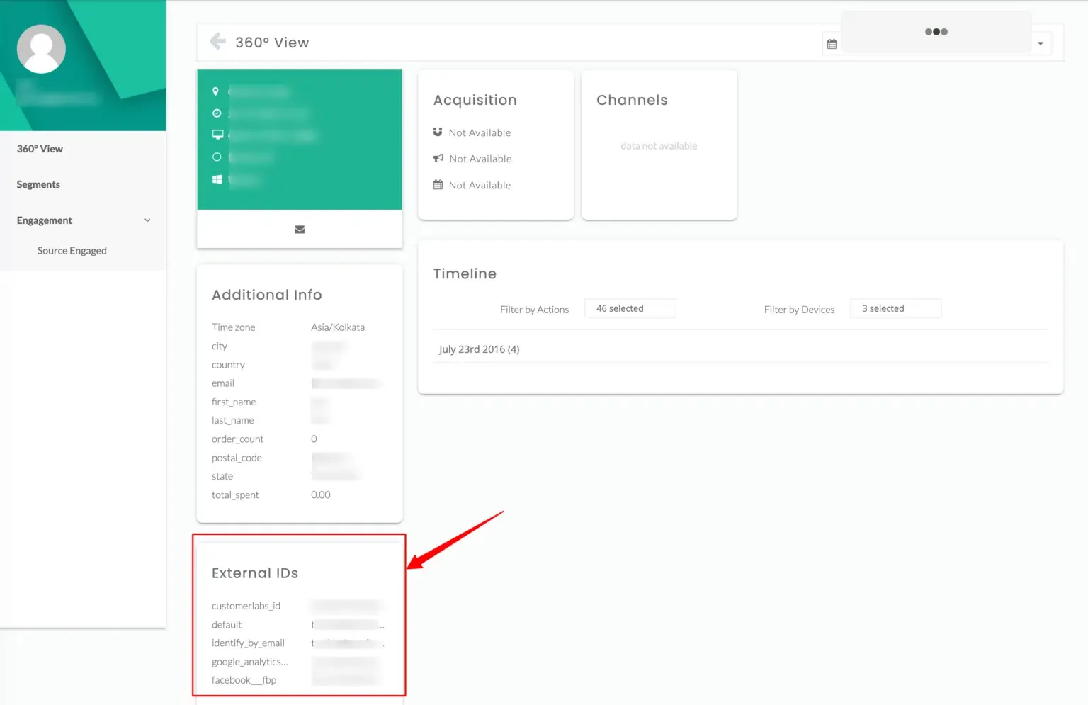 Merged 360-degree profile view in CustomerLabs