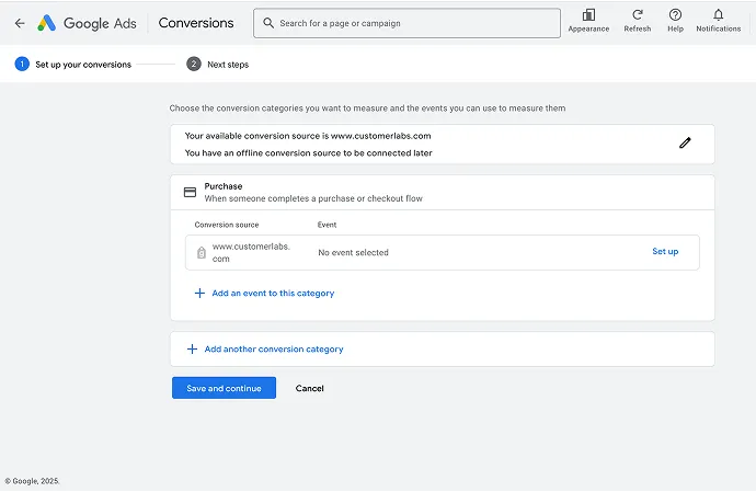 Google ads - Add an event to this category
