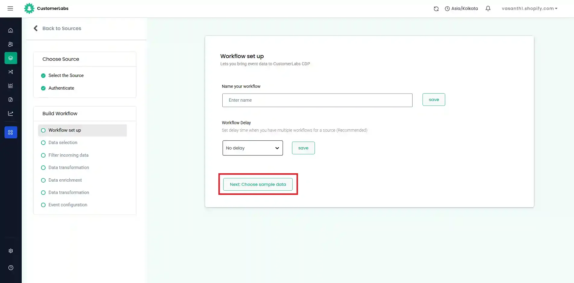 Enter workflow name, set optional delay, and click Next
