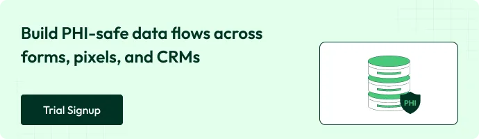 This is a banner image which has a text on saying "build phi-safe data flows across forms, pixels and CRMs - Trail signup