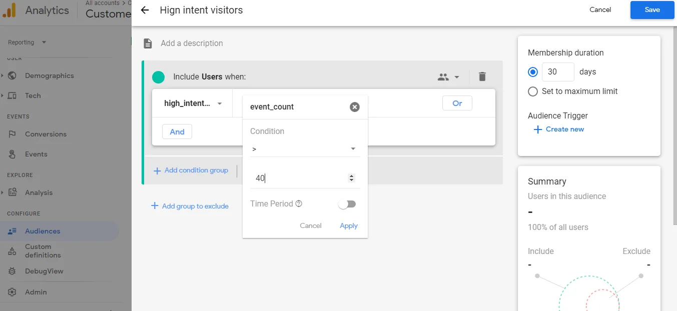 CustomerLabs event-based audience rules