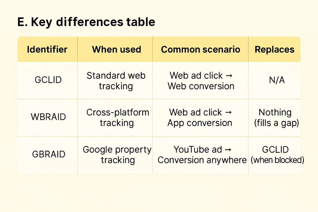 This image explains the key difference between WBRAID, GBRAID, and GCLID in 3 tables differences including when used, what are common scenarios, and replacements.
