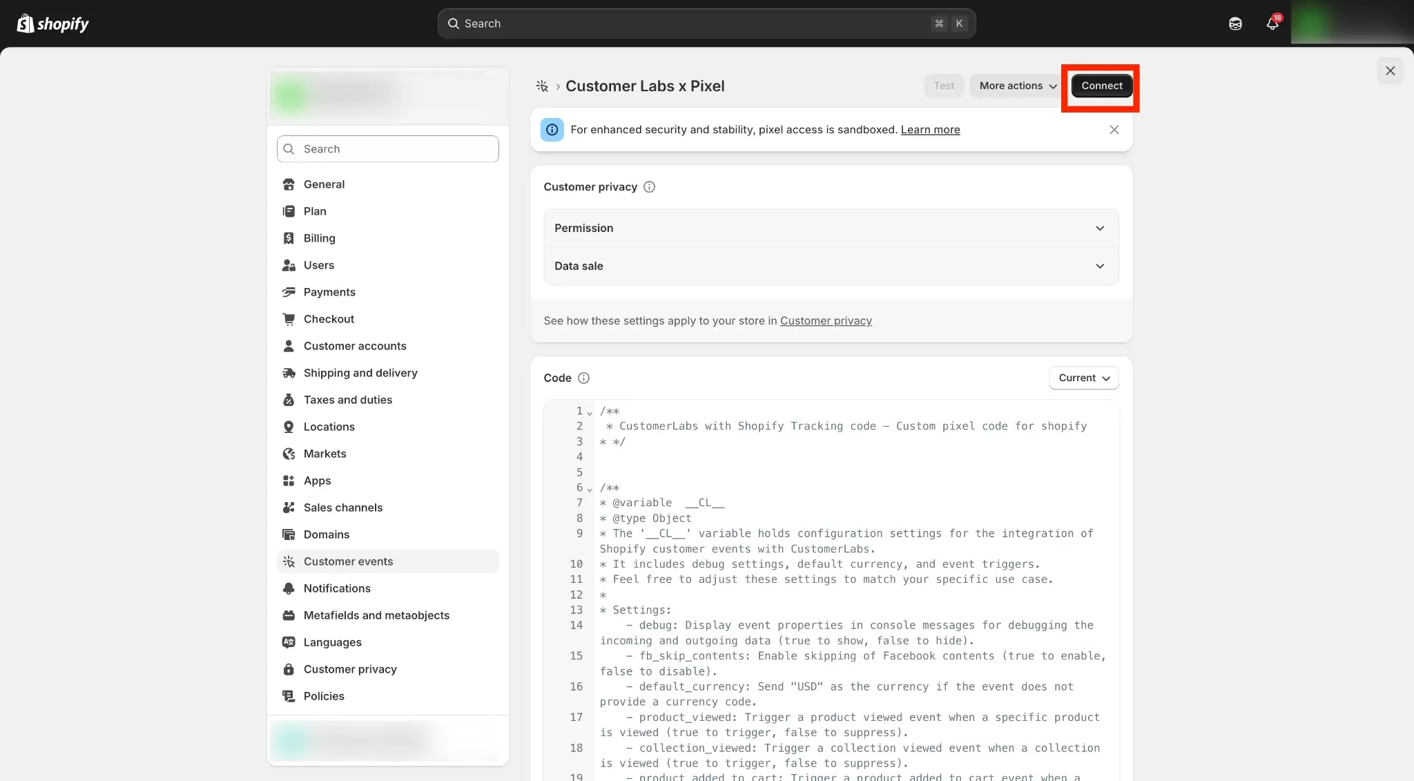 Shopify custom pixel connected to CustomerLabs with permissions saved