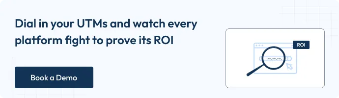 A banner reading “Dial in your UTMs and watch every platform fight to prove its ROI” paired with an illustration of a magnifying glass over a browser showing ROI. A “Book a Demo” button is included on the left.