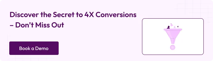 “Conversion funnel illustration with text ‘Discover the Secret to 4X Conversions – Don’t Miss Out’ and a ‘Book a Demo’ button.”