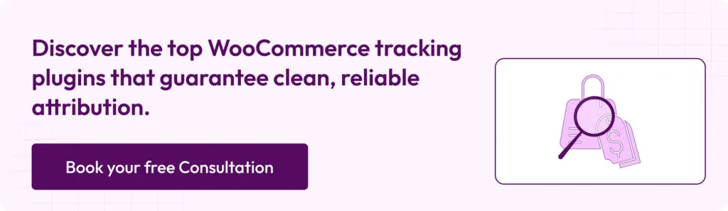 Banner highlighting clean, reliable attribution with WooCommerce tracking plugins, featuring a shopping bag and price tag illustration under a magnifying glass.