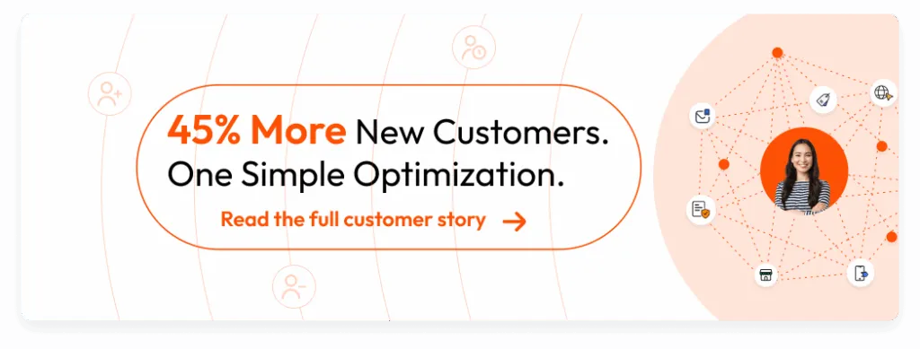 Orange banner featuring a woman and network icons with the text ‘45% more new customers. One simple optimization.’ and a button labeled ‘Read the full customer story