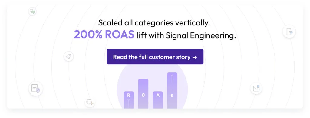 Purple-themed banner with the text ‘Scaled all categories vertically. 200% ROAS lift with Signal Engineering.’ featuring a bar graph and a purple call-to-action button ‘Read the full customer story