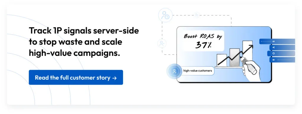 Banner showing ‘Track 1P signals server-side to stop waste and scale high-value campaigns’ with a chart illustration labeled ‘Boost ROAS by 37%’ and a blue call-to-action button ‘Read the full customer story.’