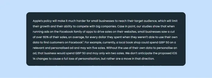 A image quoting Facebook's reaction to iOS'14
