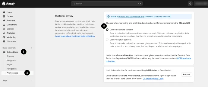 The step by step procedure for temporary fix of the latest consent update in Shopify. It shows the procedure to show how to enable the collected before consent option for customers from EEA and UK