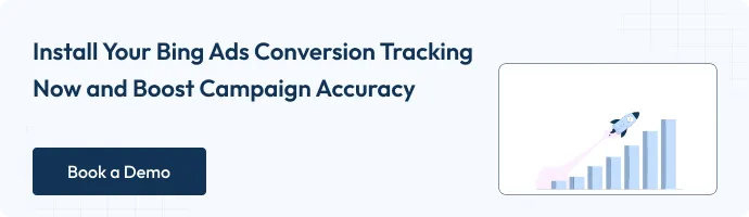 Graphic promoting Bing Ads conversion tracking setup with an upward-growth chart and rocket icon. Includes a “Book a Demo” CTA button.
