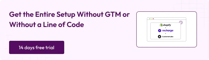 “CustomerLabs banner highlighting code-free Recharge and Shopify setup without GTM, featuring a ‘14 days free trial’ button.”