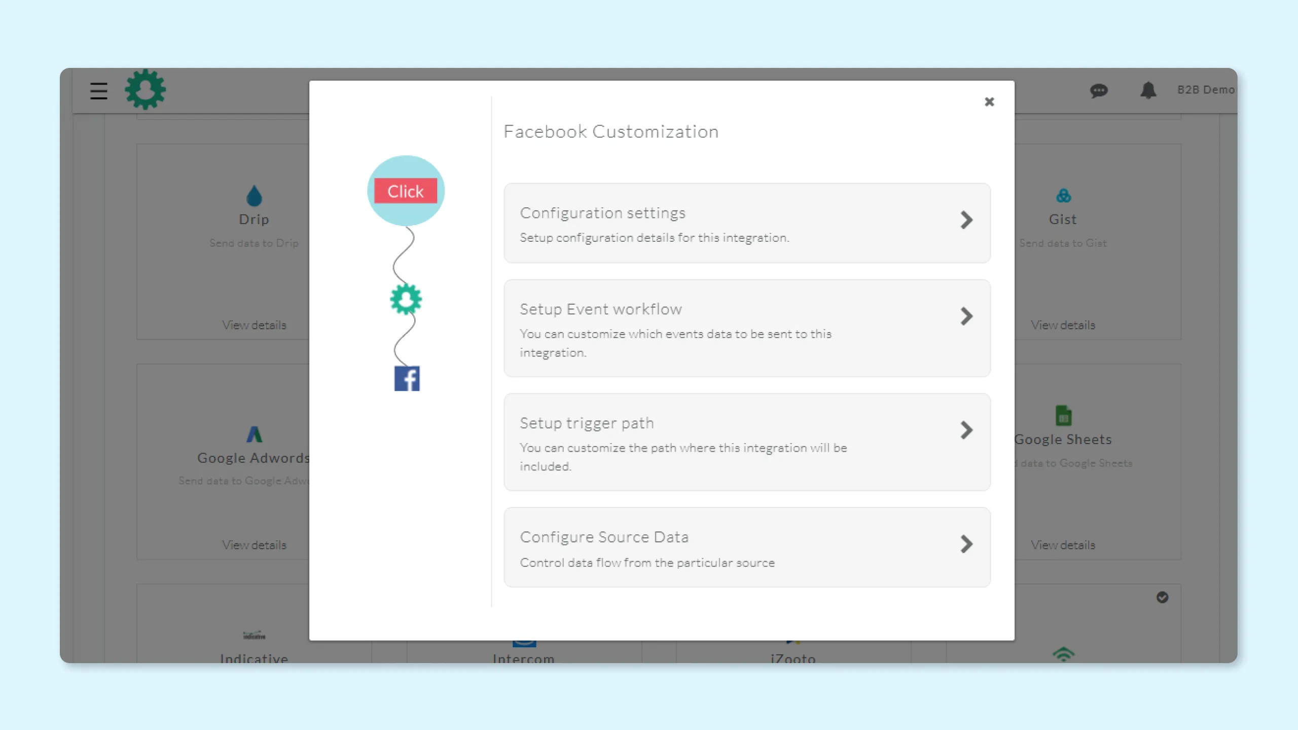 CustomerLabs 1PD Ops Facebook integration customization screen with configuration settings, event workflow setup, source data configuration, setup trigger path