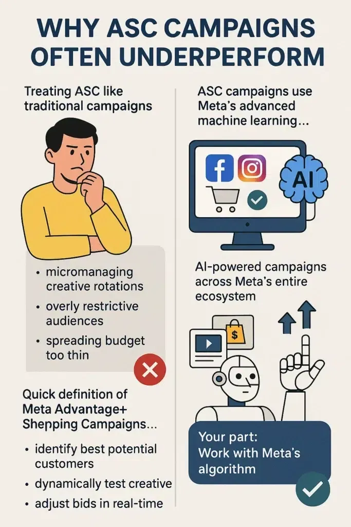 This is an illustration that explains about why asc campaigns often underperform while giving a depiction of traditional campaigns