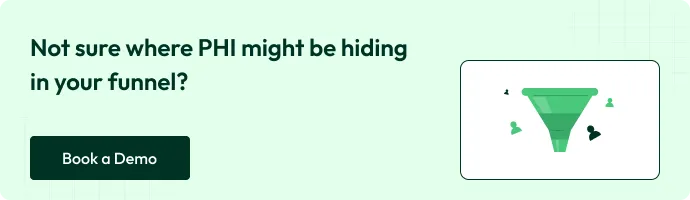 Not sure where PHI might be hiding in your funnel?' with a 'Book a Demo' button and an illustration of a green funnel with small user icons entering and exiting.