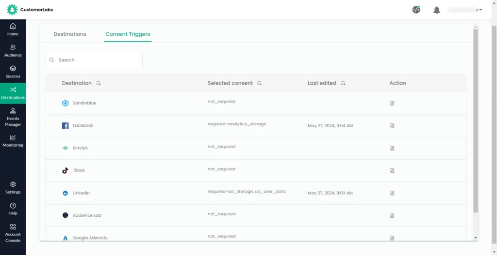 Consent Settings for Destinations