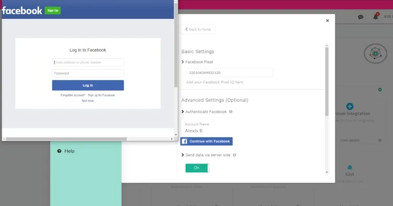 This image shows the redirection to the facebook account to itegrate facebook pixel and CAPi