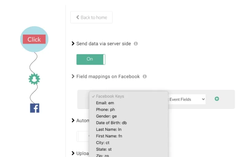 The image indicates the toggle for sending the data via server side inside customerlabs