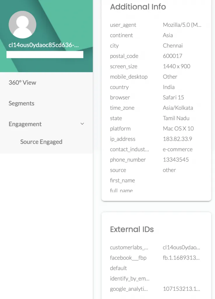 The screenshot shows the 360-degree profile of a user in the customerlabs App.