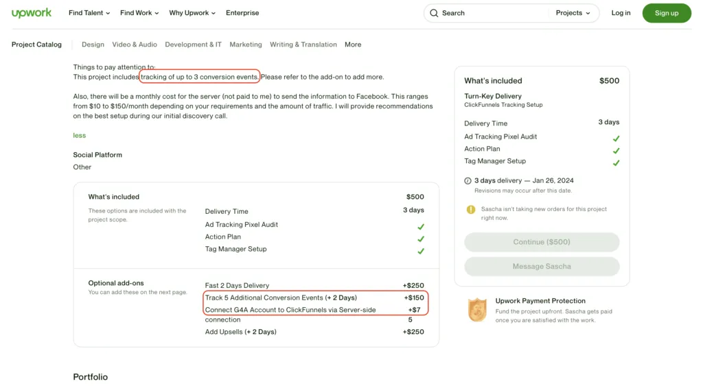 The image is the screenshot from Upwork highlighting how a developer is taking a minimum of 2 days to set up conversion events for $150. and 3 days of time to setup 3 conversion events and charges $500.