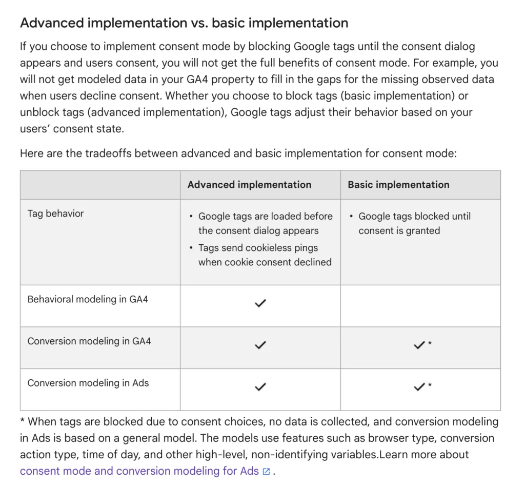 The image shows a comparison table of advanced implementation of Google consent mode v2 and the basic implementation of consent mode v2. It is a screenshot from Google Help