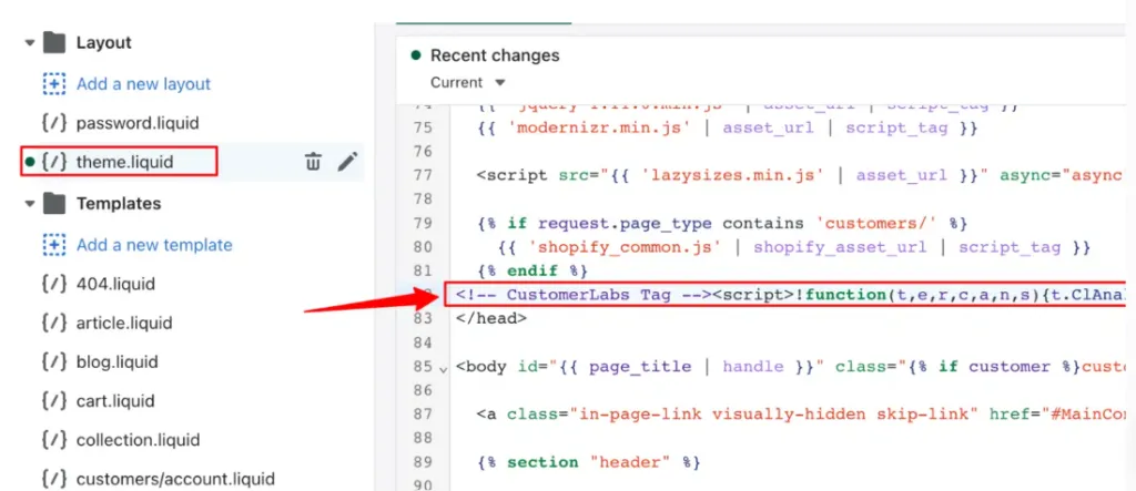 Screenshot showing the themeliquid code and how to paste the tracking code in it