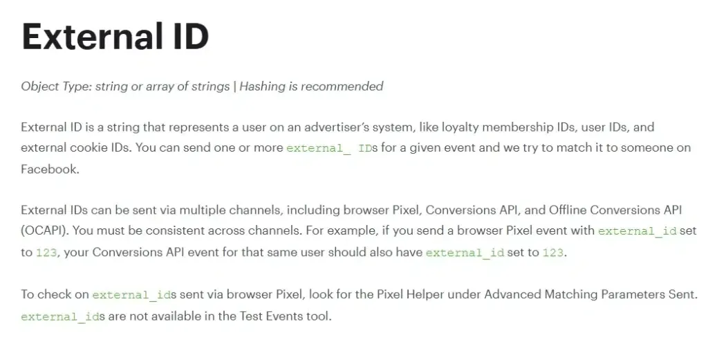 Screenshot of official facebook documentation on External ids