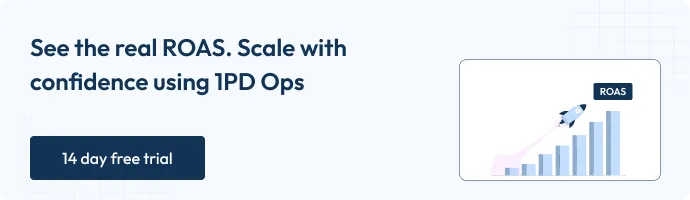 A promotional graphic displaying “See the real ROAS. Scale with confidence using 1PD Ops” with an upward-growing bar chart and a rocket. A button on the left reads “14 day free trial.”