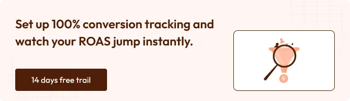 Graphic showing how setting up 100% conversion tracking boosts ROAS instantly.
Includes CTA to start a 14-day free trial.