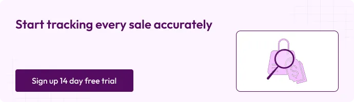 Visual promoting accurate sale tracking with a “Sign up 14 day free trial” CTA. Shows a magnifying glass inspecting a shopping bag icon.