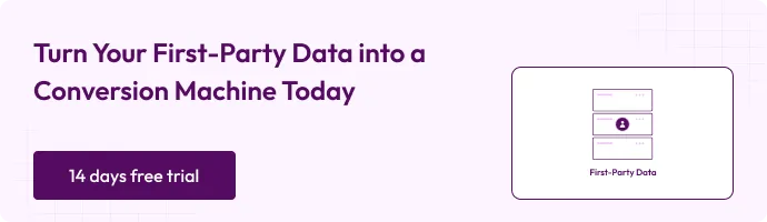 “Ad banner promoting first-party data optimization with text ‘Turn Your First-Party Data into a Conversion Machine Today’ and a ‘14 14-day free trial’ button.”