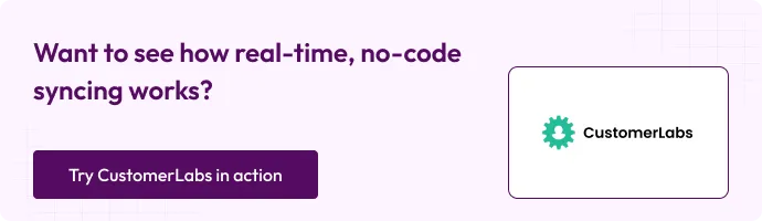 Light purple banner with text “Want to see how real-time, no-code syncing works?”, a purple “Try CustomerLabs in action” button, and the CustomerLabs gear logo.
