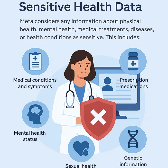 Illustration explaining sensitive health data, Protected Health Information (PHI), showing examples of health concerns like Genetic information, mental health conditions, sexual health, and medications, the visual highlights how these data qualify as PHI under HIPAA.