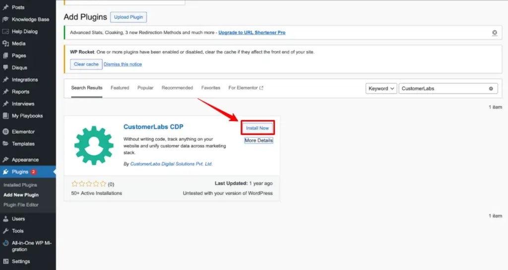 This image shows the arrow to install now the customerlabs app