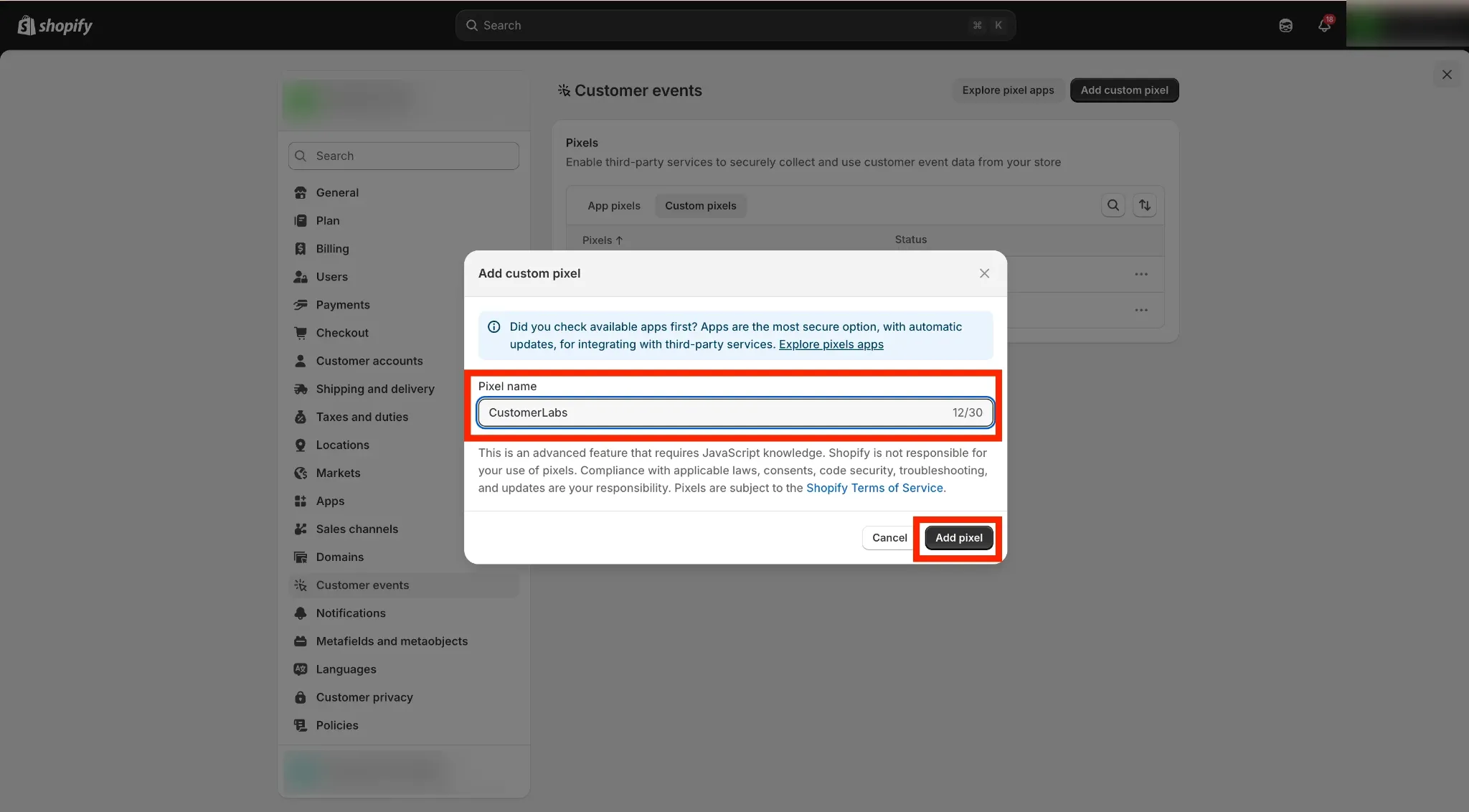 CustomerLabs custom pixel added and connected inside Shopify Customer Events
