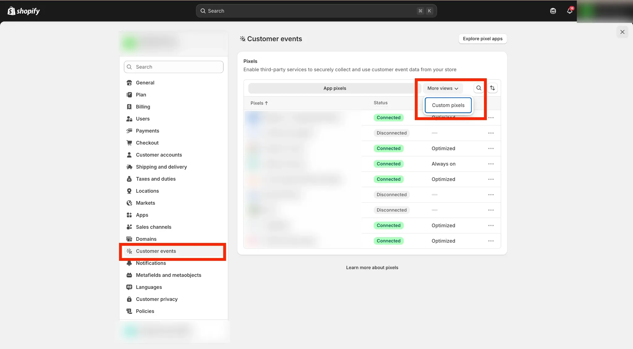 Shopify Customer Events settings with the Add Custom Pixel option highlighted