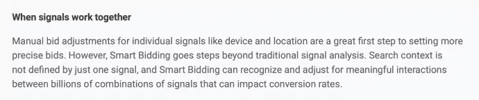 Screenshot showing what happens when audience signals work together. It is from a PDF launched by Google Ads titled Setting Smarter Search Bids Inside automated bidding with Google Ads that talks about audience signals.