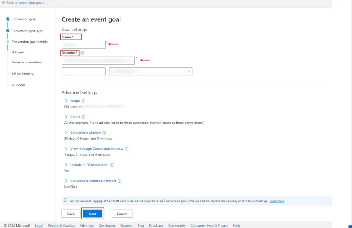 This is the screenshot of the Advanced settings in conversion tracking