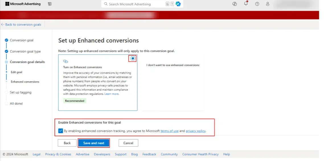This is the screenshot of the set up enhanced conversions
