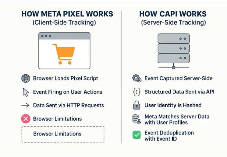 The illustration shows how Meta and CAPI work. The right it talks about pixel works in a window page, it shows add to cart. The left side talks about the event captured server-side.