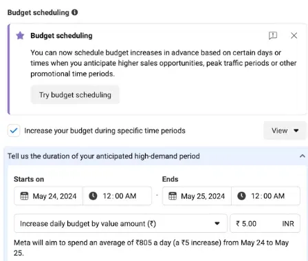 This image shows about budget scheduling inside meta and shows how to set