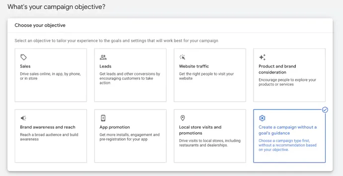 The image is a screenshot from Google Ads that shows how to setup the ad Campaign, the first step what all campaign objectives are available for you to choose.