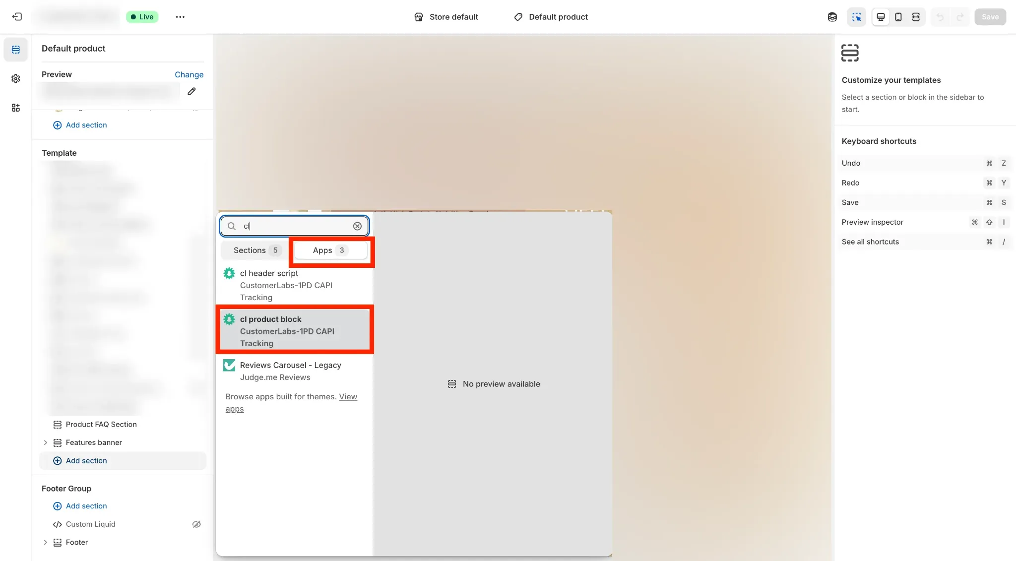 Shopify Default Product Page with CL Product block added under Apps and Save highlighted